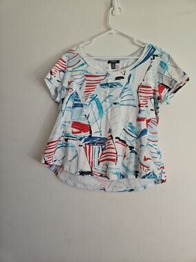 Chaps Blouse Women's Size 1X Red White&Blue Abstract Sailboat Scoop Neck Cotton